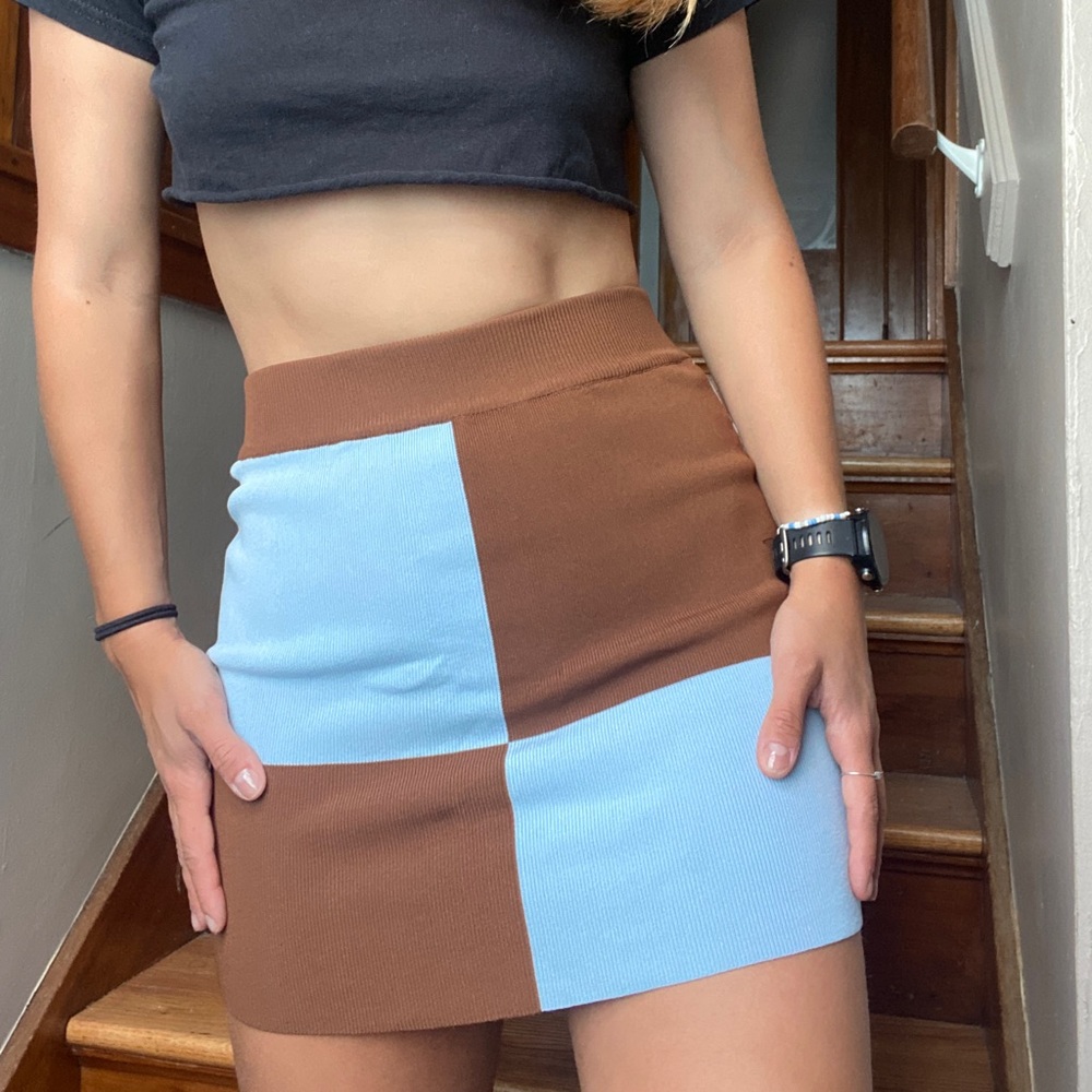 NWOT Bobbles & Lace Brown and Blue Colorblock Mini Skirt